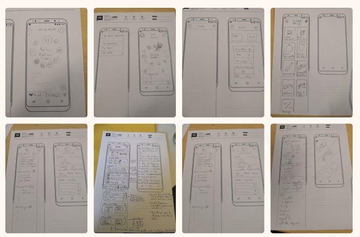 Pictures of 8 wireframes drawn in the workshops